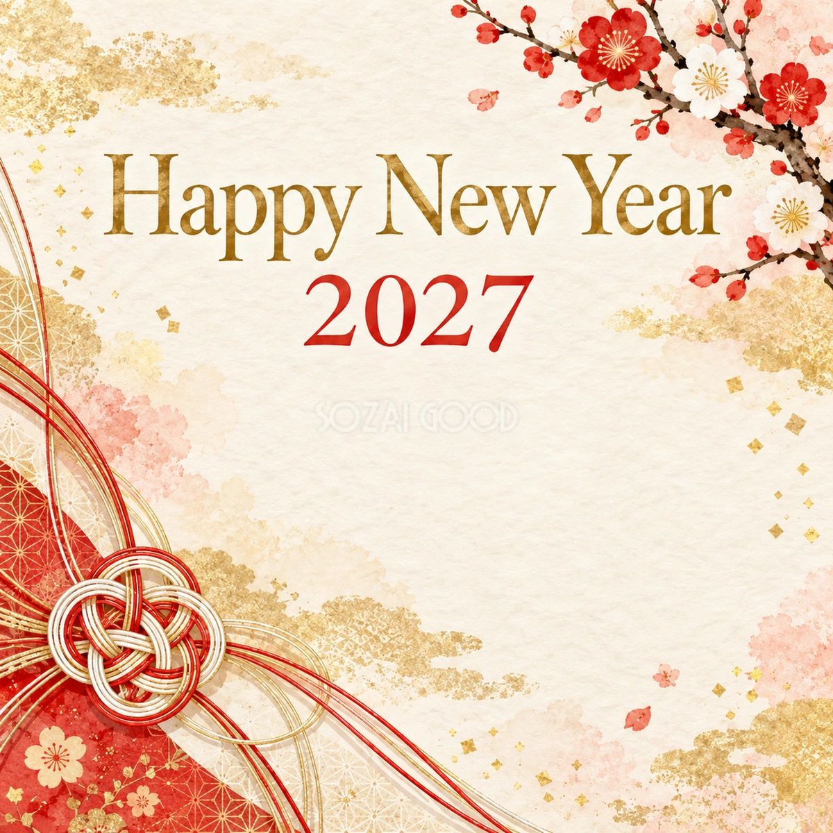 2027年・紅白水引と梅の新年挨拶カード|お店・企業向け無料イラスト 97916