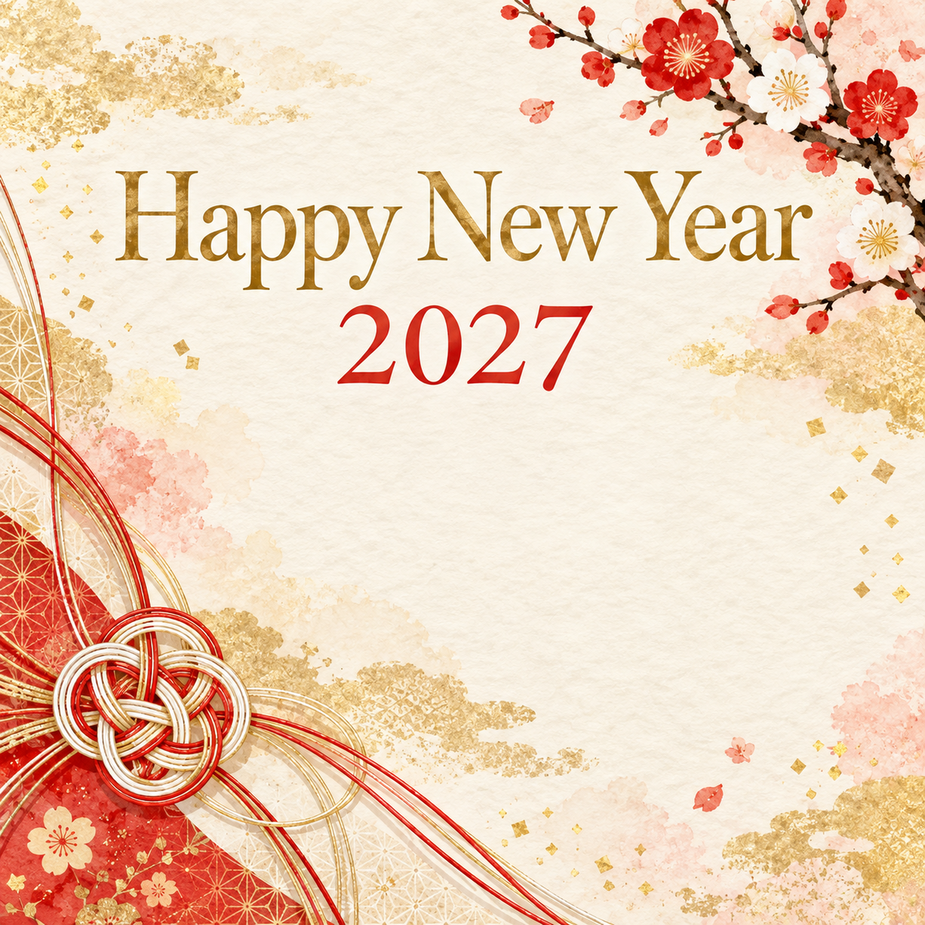 2027年・紅白水引と梅の新年挨拶カード｜お店・企業向け無料イラスト 97916に写真・文字を入れる