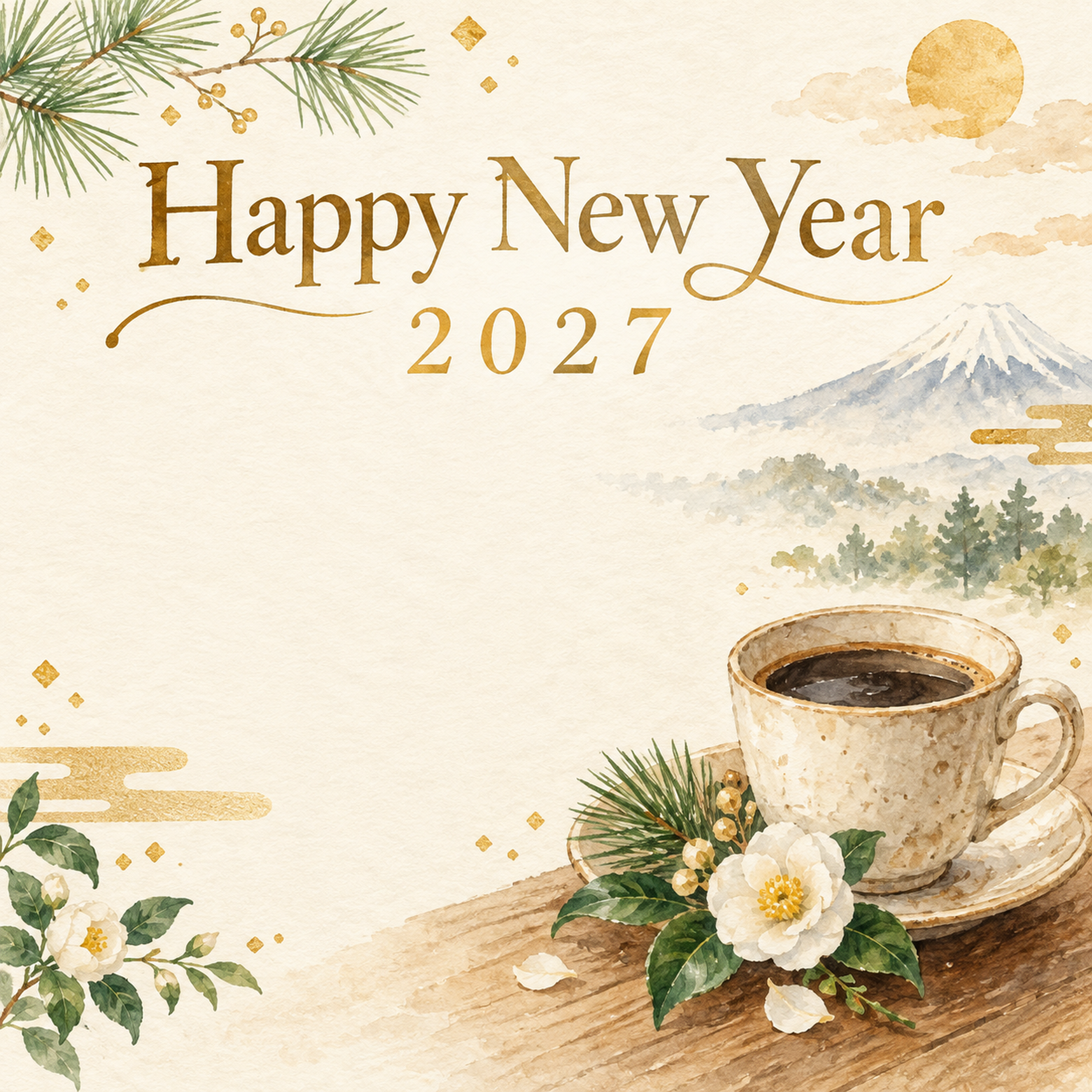 2027年・カフェのコーヒーと白椿の新年挨拶カード｜お店・企業向け無料イラスト 97917に写真・文字を入れる