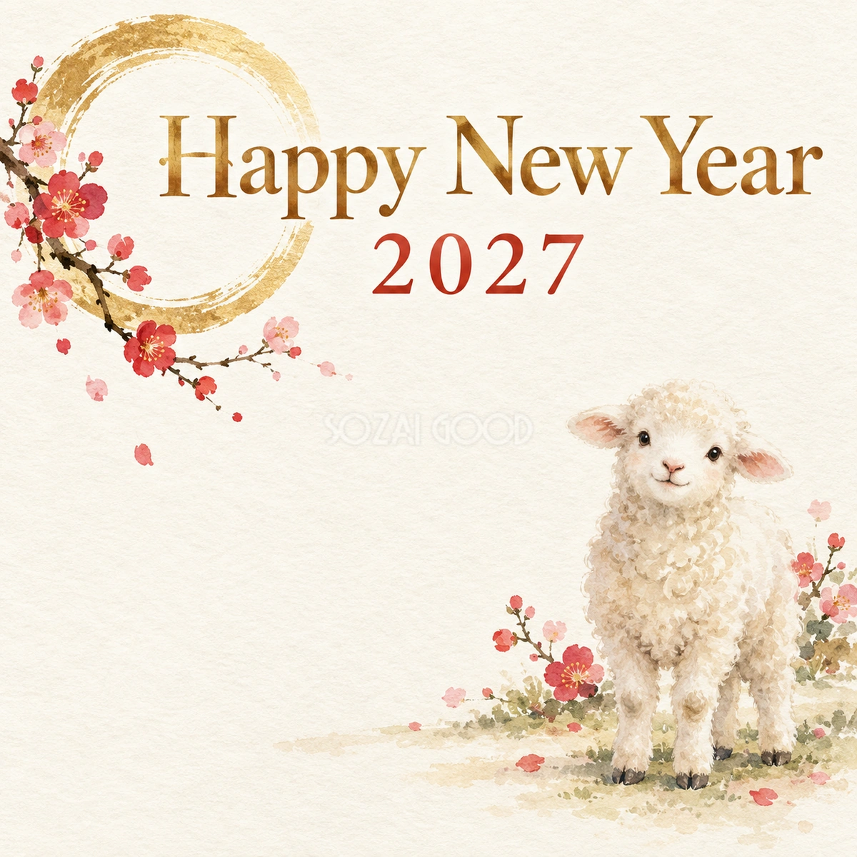 2027年・可愛い羊と金の輪の新年挨拶カード｜お店・企業向け無料イラスト 97919