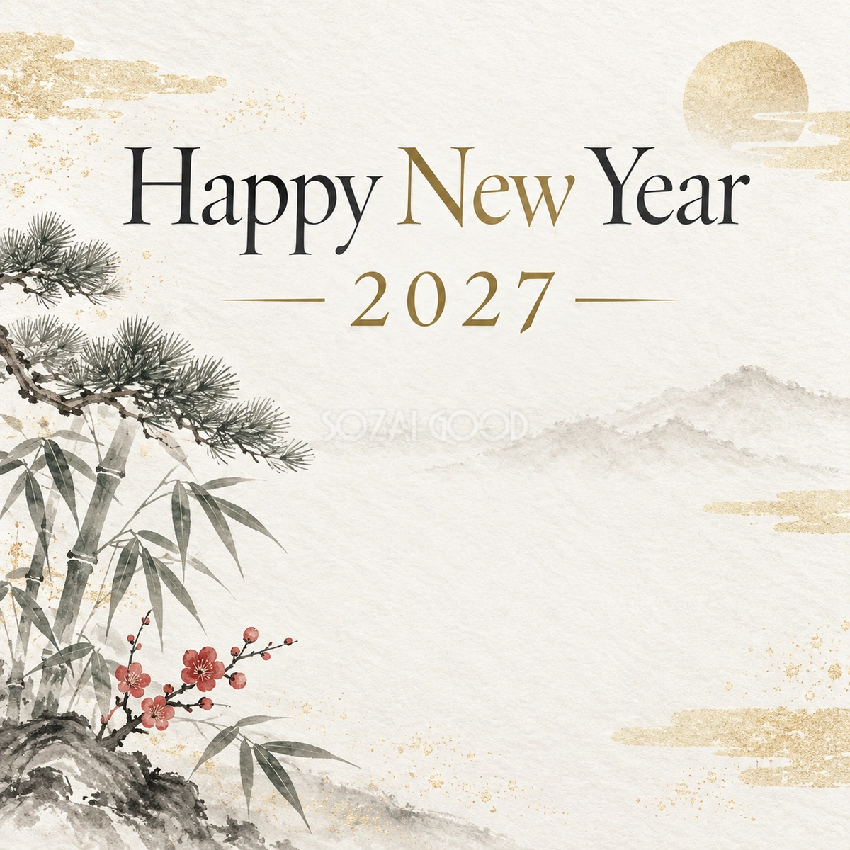 2027年・白と墨の松竹梅の新年挨拶カード｜お店・企業向け無料イラスト 97920