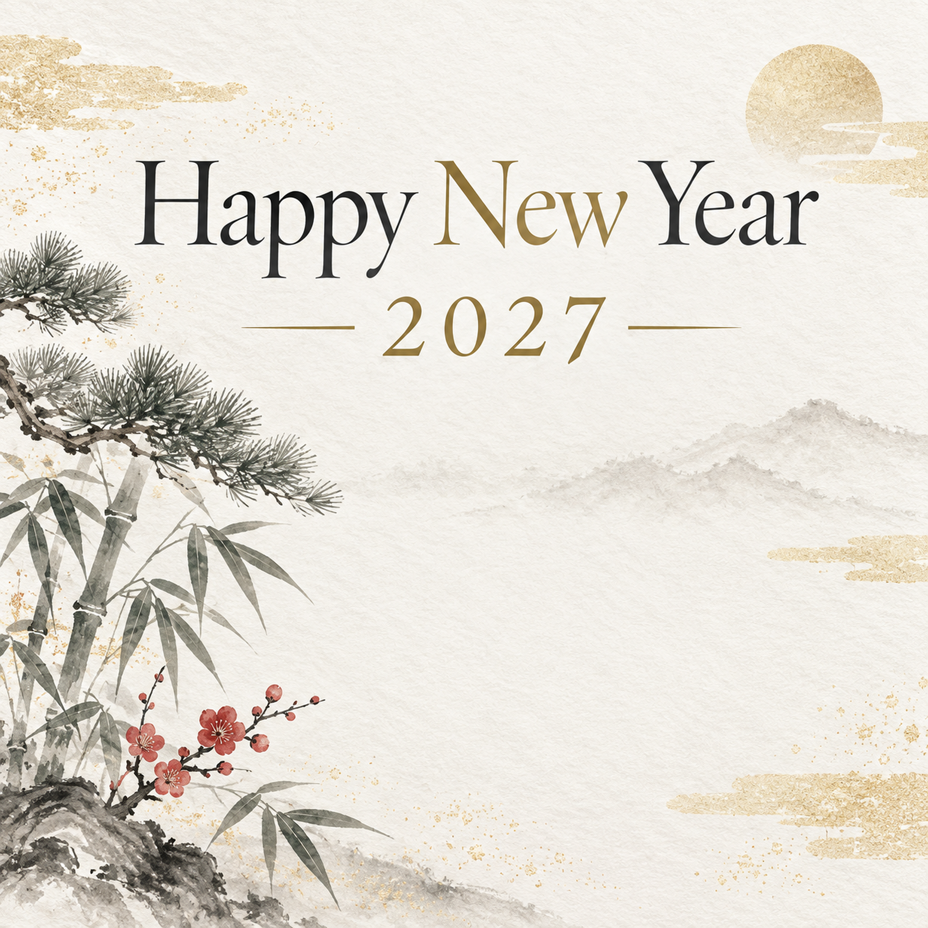 2027年・白と墨の松竹梅の新年挨拶カード｜お店・企業向け無料イラスト 97920に写真・文字を入れる