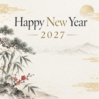2027年・白と墨の松竹梅の新年挨拶カード｜お店・企業向け無料イラスト 97920