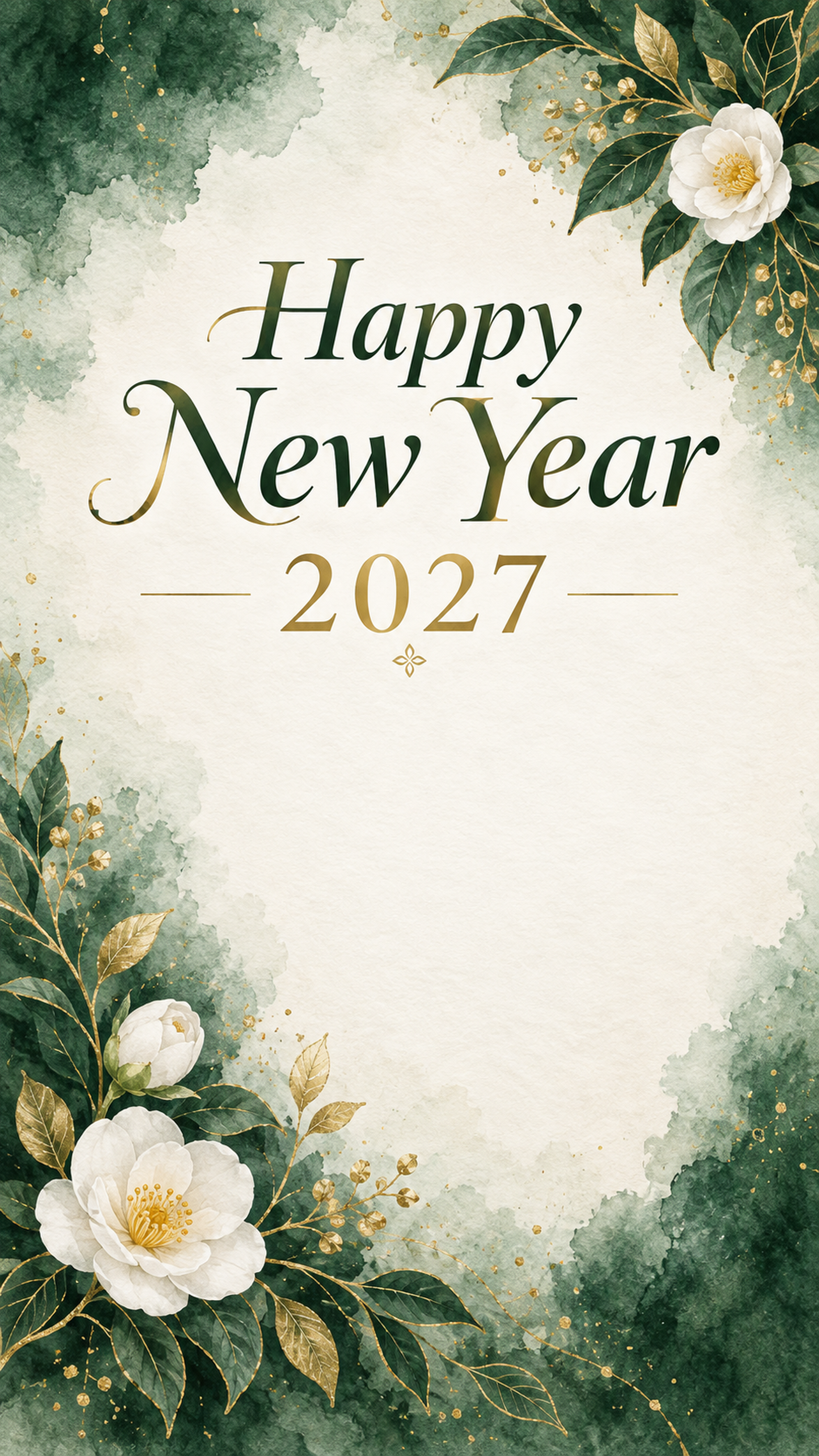 2027年・深緑と白椿の新年挨拶カード｜お店・企業向け無料イラスト 97922に写真・文字を入れる