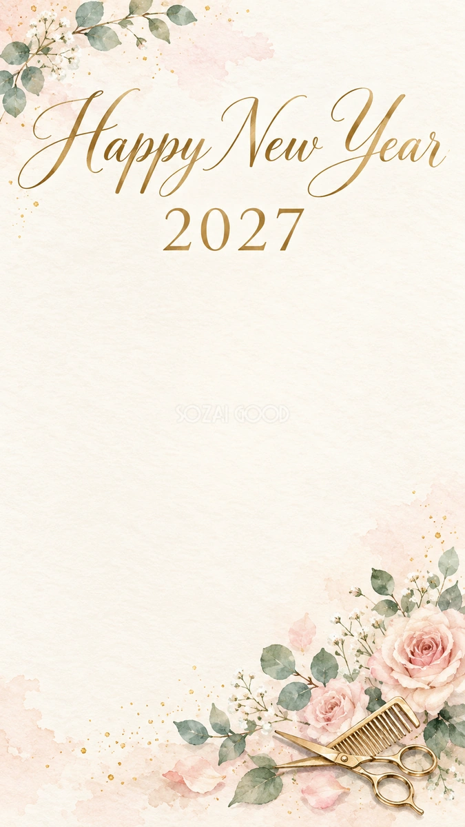 2027年・美容室の花と道具の新年挨拶カード|お店・企業向け無料イラスト 97924