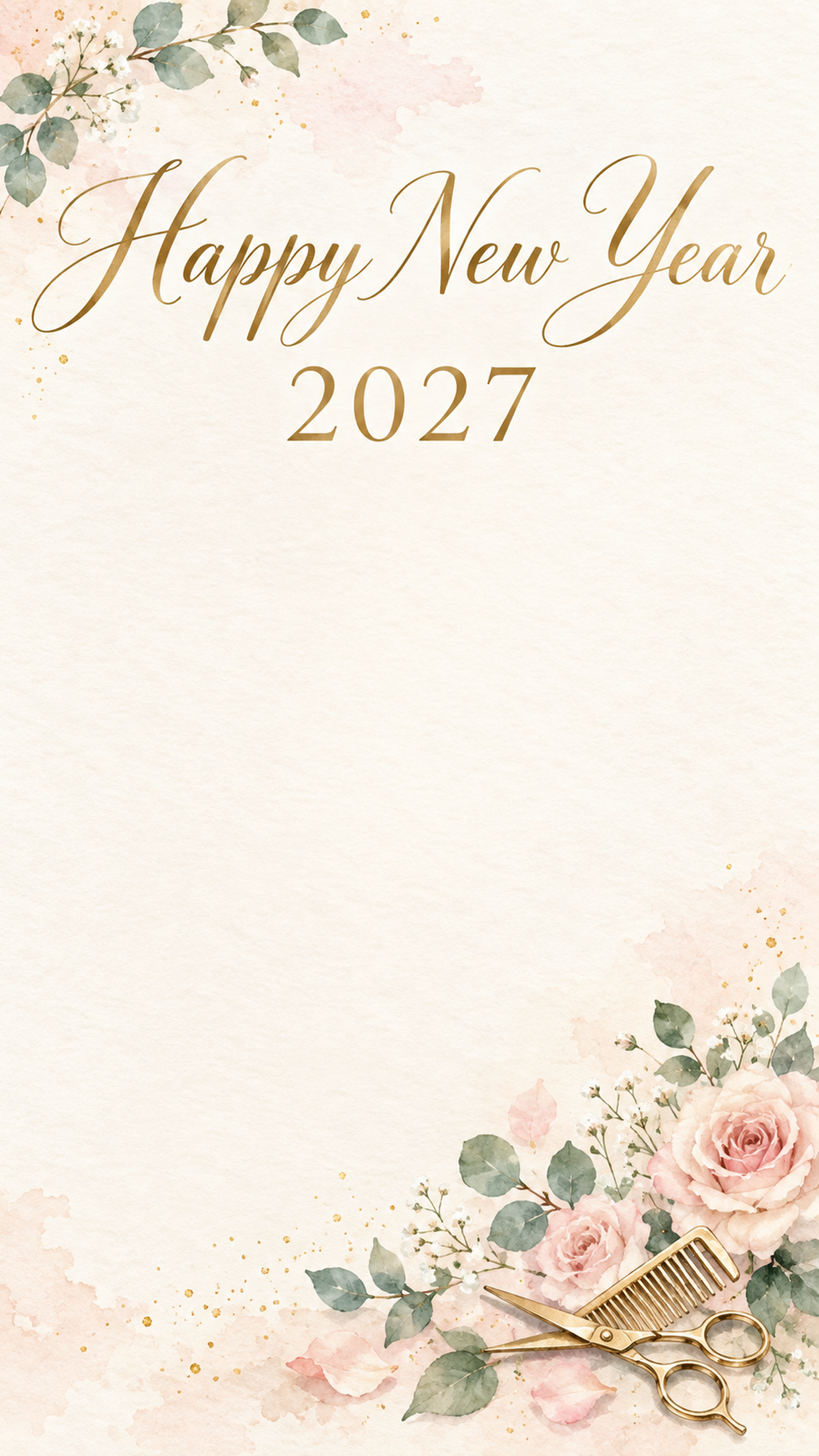 2027年・美容室の花と道具の新年挨拶カード｜お店・企業向け無料イラスト 97924に写真・文字を入れる