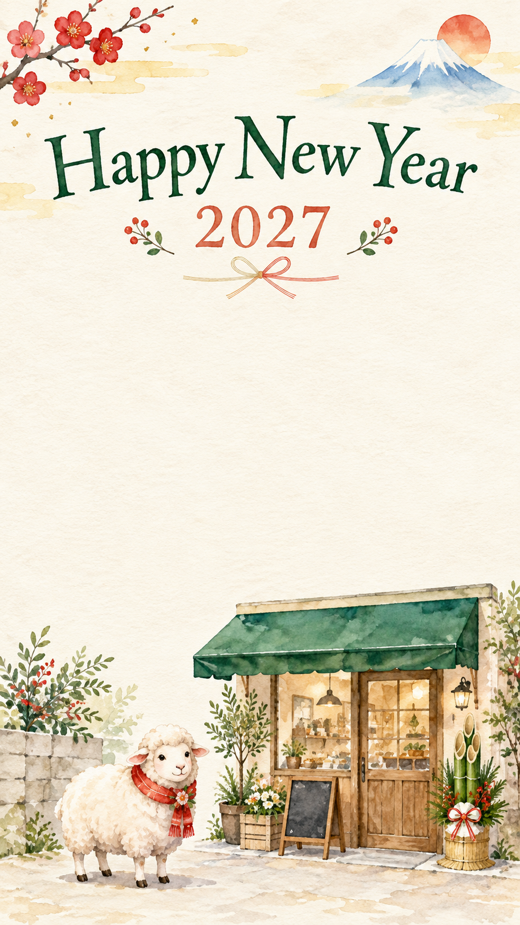2027年・羊と小さなお店の新年挨拶カード｜お店・企業向け無料イラスト 97925に写真・文字を入れる