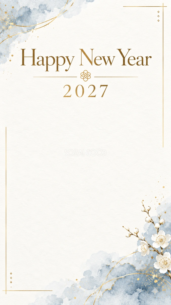 2027年・企業向けの金線と梅の新年挨拶カード｜お店・企業向け無料イラスト 97926