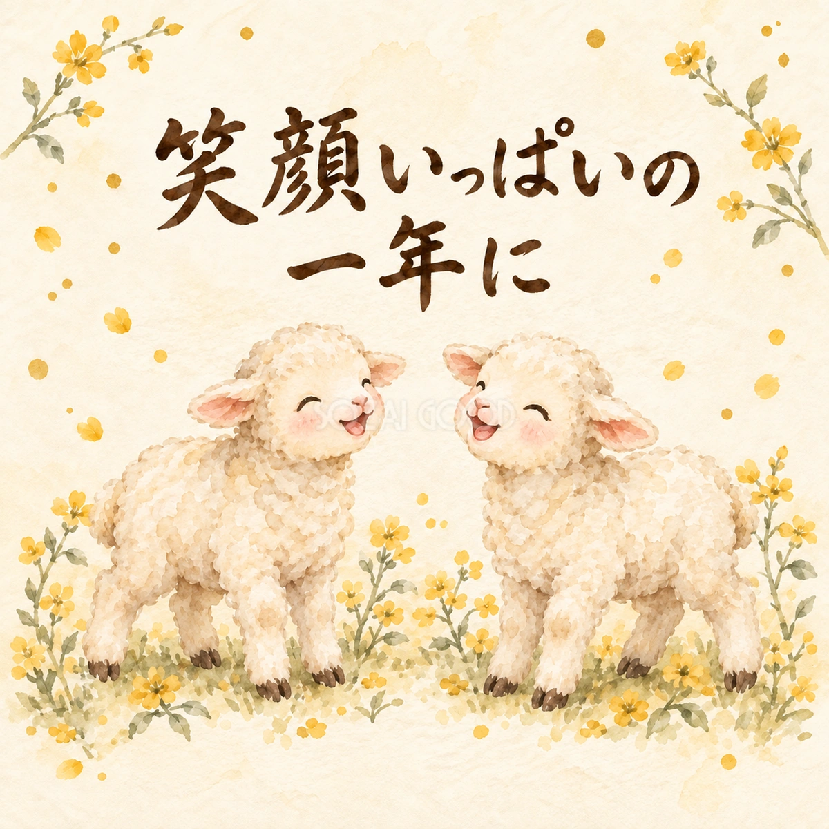 「笑顔いっぱいの一年に」羊の新年カード|文字入り無料イラスト 97929