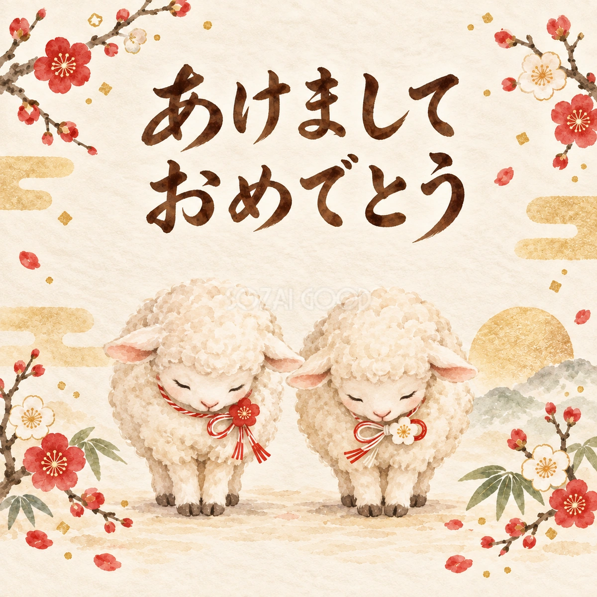 「あけましておめでとう」羊の新年カード|文字入り無料イラスト 97930