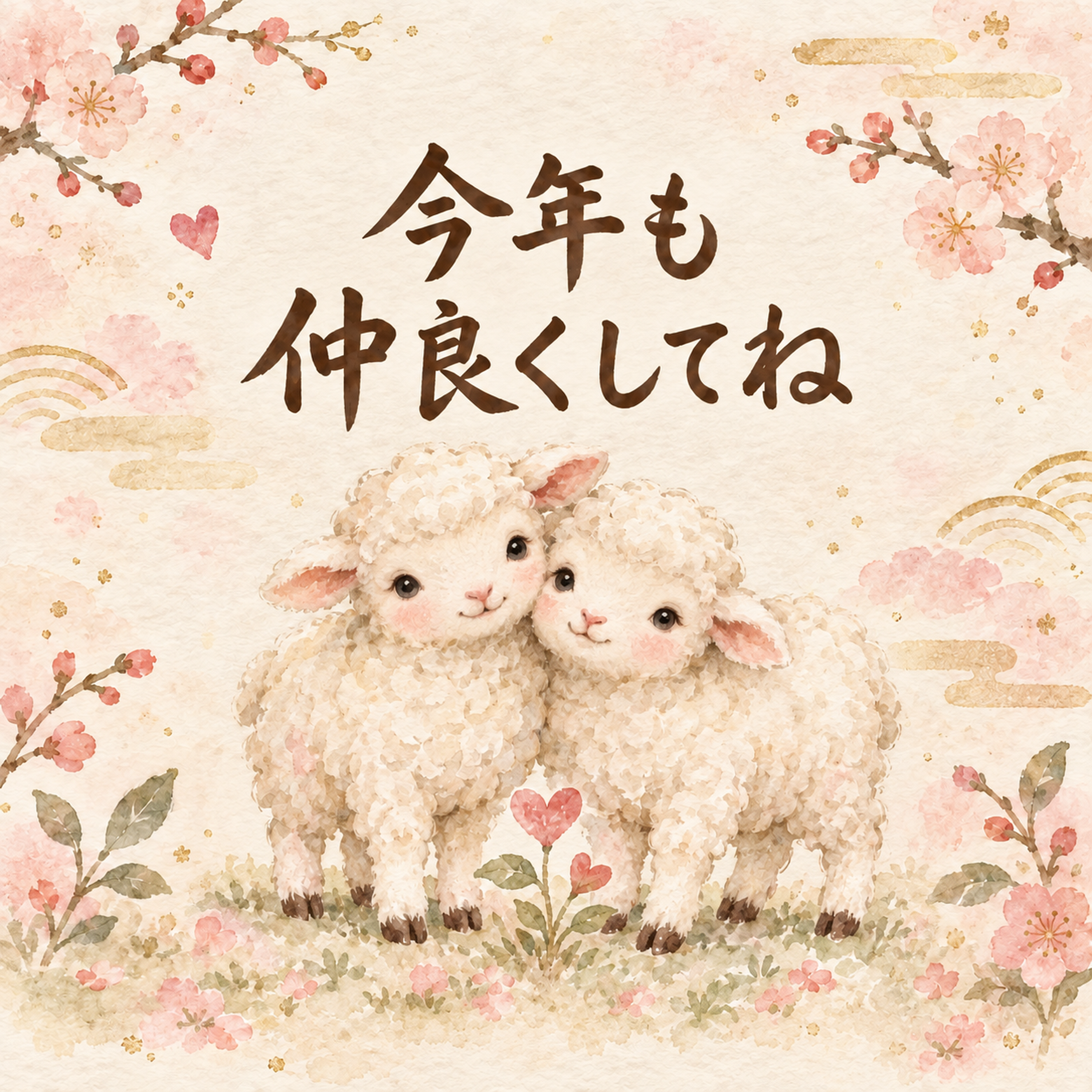 「今年も仲良くしてね」羊の新年カード｜文字入り無料イラスト 97931に写真・文字を入れる