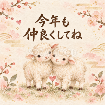 「今年も仲良くしてね」羊の新年カード｜文字入り無料イラスト 97931