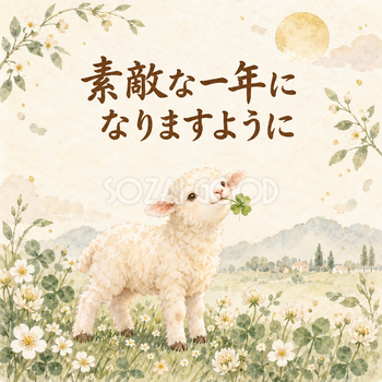 「素敵な一年になりますように」羊の新年カード｜文字入り無料イラスト 97932