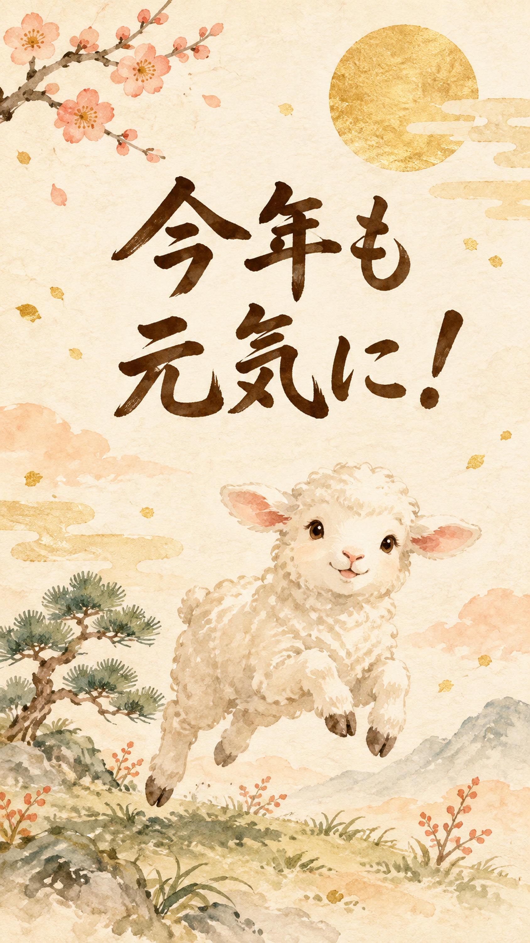 「今年も元気に！」羊の新年カード｜文字入り無料イラスト 97934に写真・文字を入れる