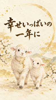 「幸せいっぱいの一年に」羊の新年カード｜文字入り無料イラスト 97935