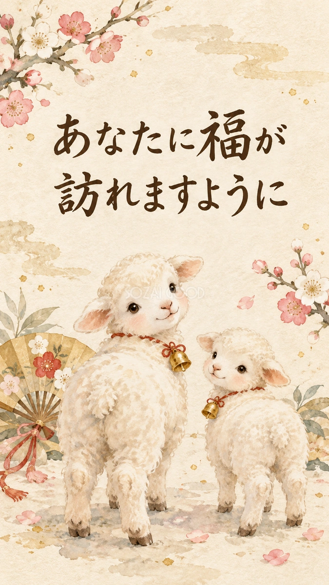 「あなたに福が訪れますように」羊の新年カード｜文字入り無料イラスト 97939