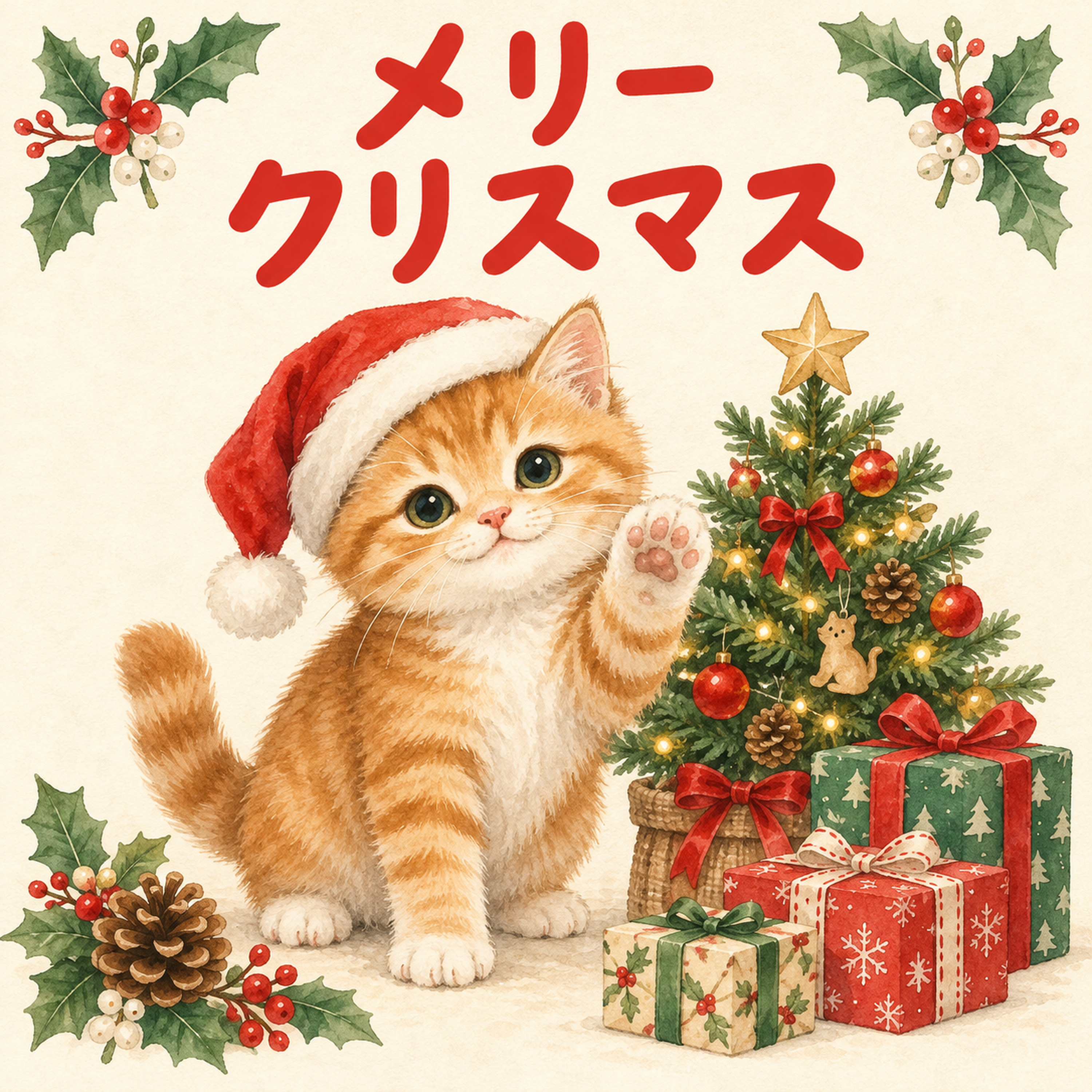 手を振る茶トラ猫のクリスマスカード｜そのまま送れる無料イラスト 97954に写真・文字を入れる