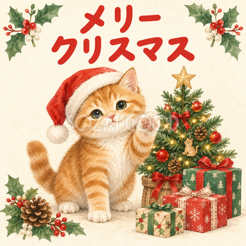 手を振る茶トラ猫のクリスマスカード｜そのまま送れる無料イラスト 97954