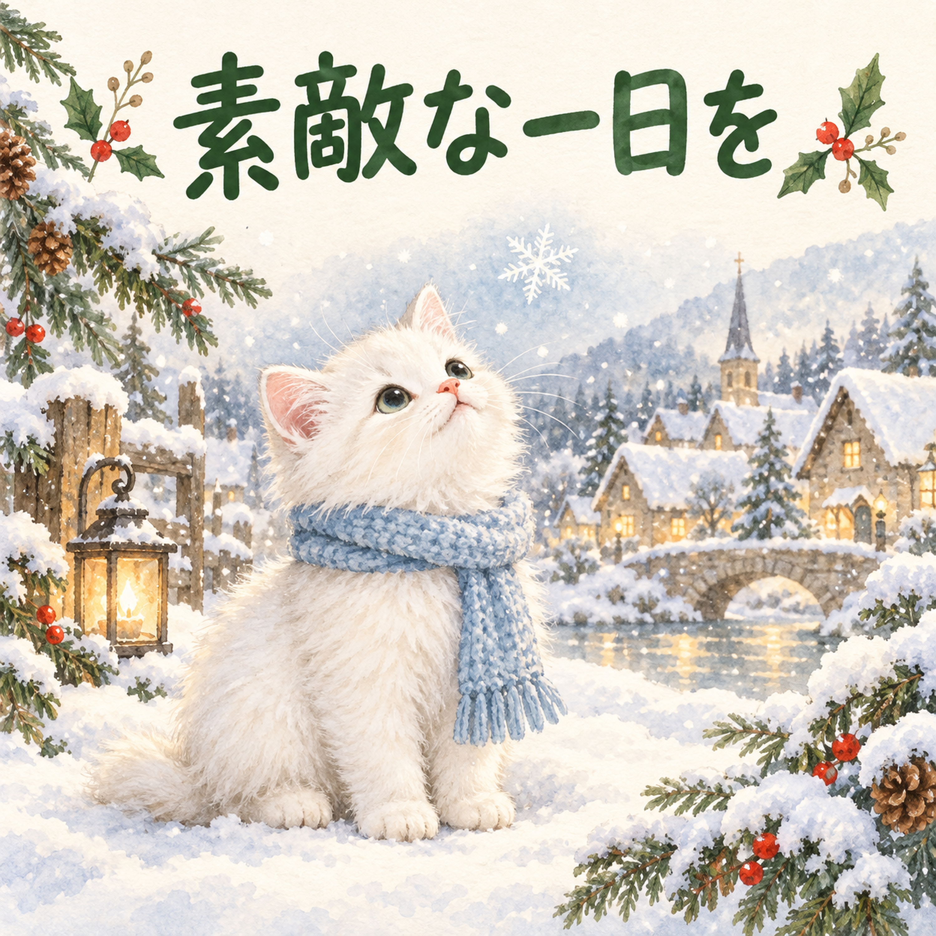 雪を見上げる白猫のクリスマスカード｜そのまま送れる無料イラスト 97955に写真・文字を入れる