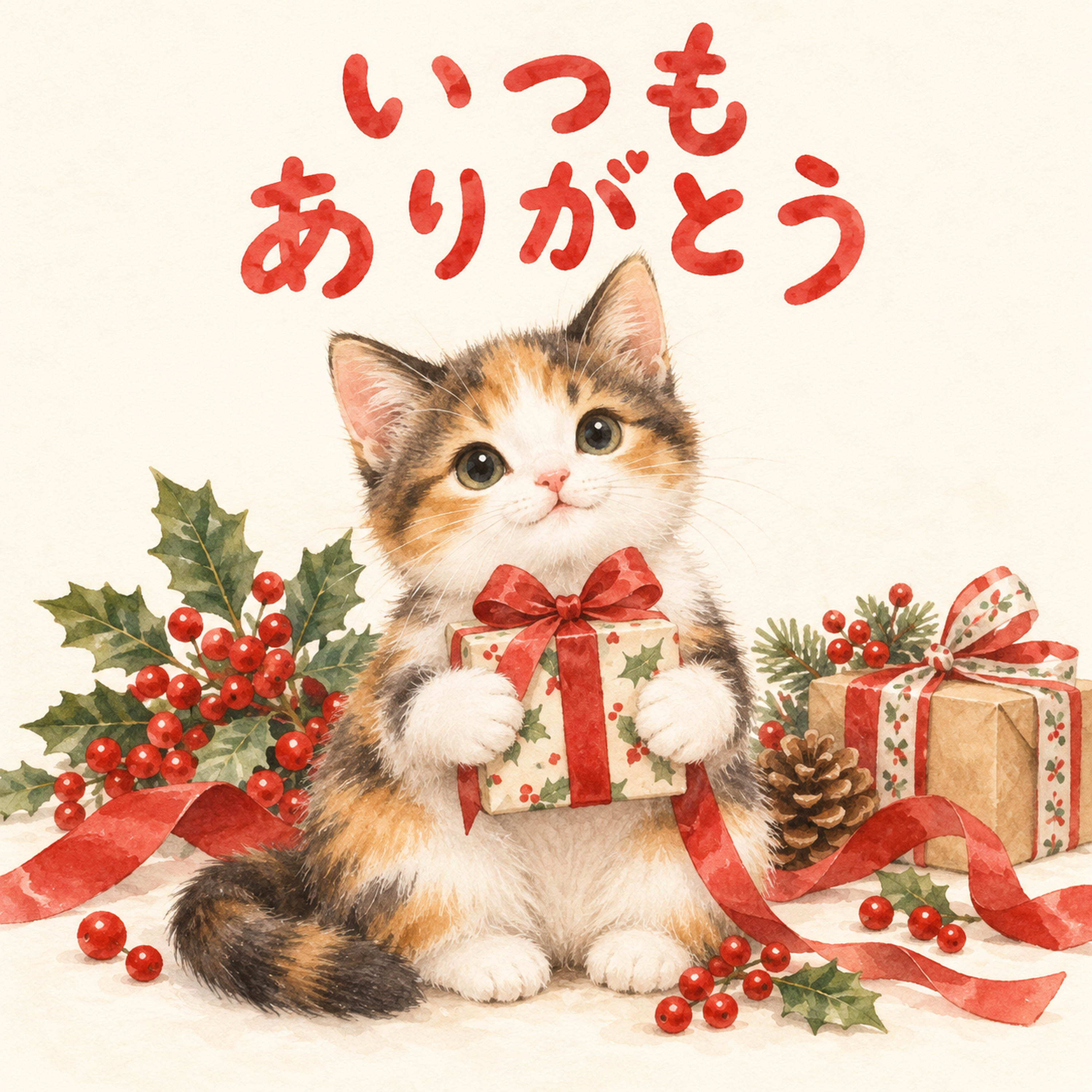 贈り物を抱える三毛猫のクリスマスカード｜そのまま送れる無料イラスト 97956に写真・文字を入れる