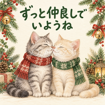 鼻を寄せる仲良し猫のクリスマスカード｜そのまま送れる無料イラスト 97957