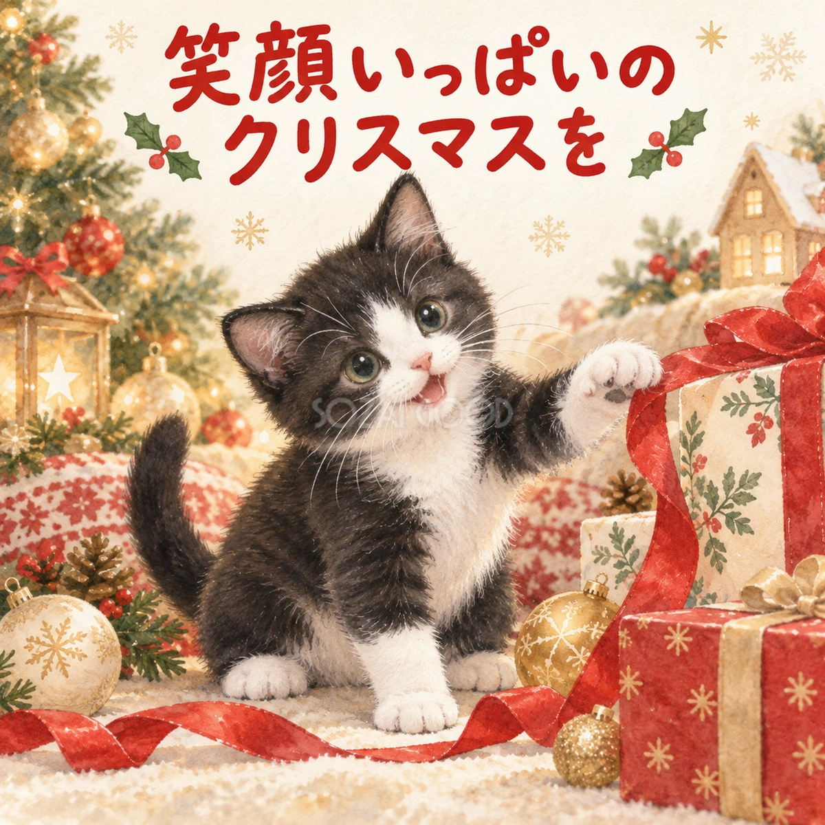 リボンで遊ぶハチワレ猫のクリスマスカード|そのまま送れる無料イラスト 97958