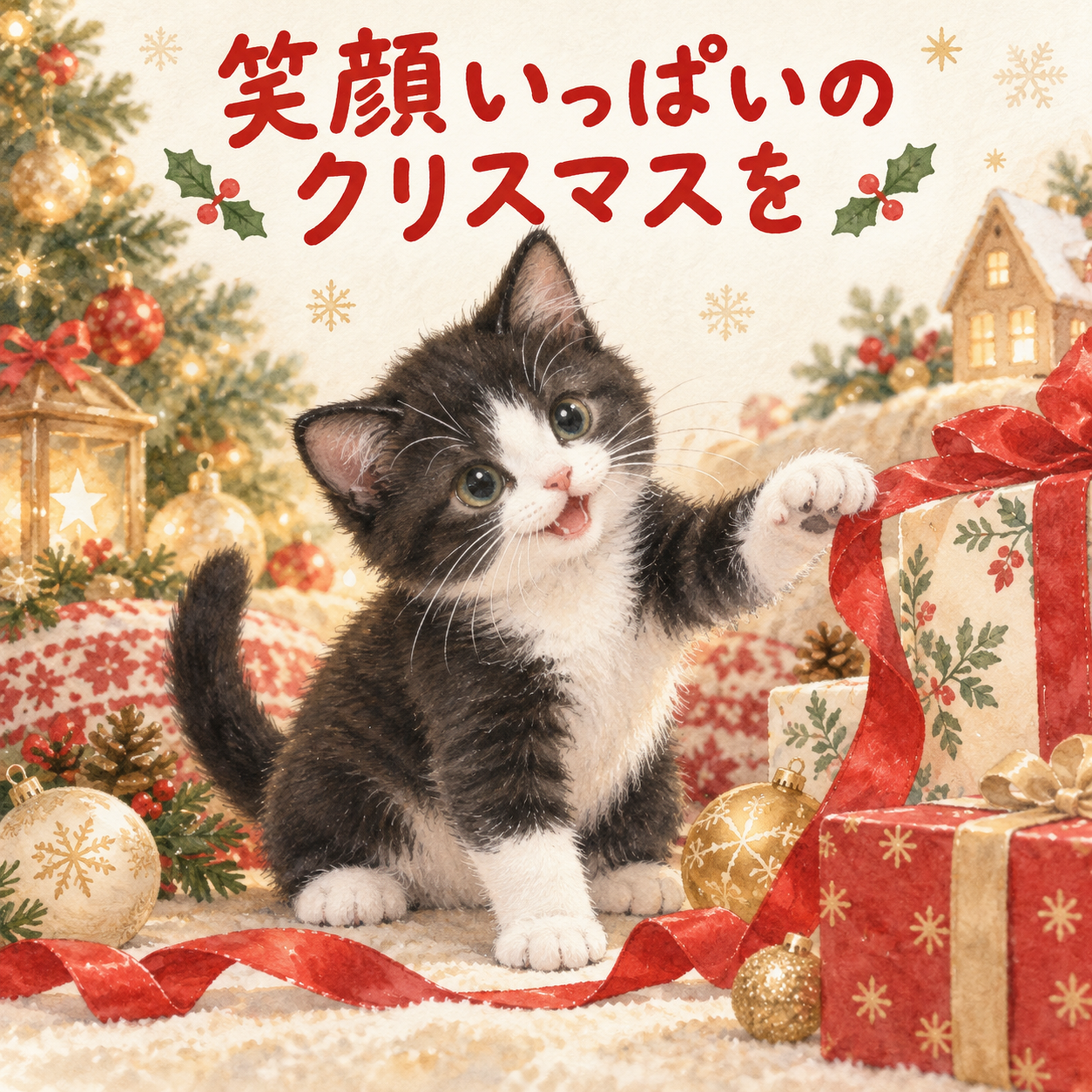リボンで遊ぶハチワレ猫のクリスマスカード｜そのまま送れる無料イラスト 97958に写真・文字を入れる