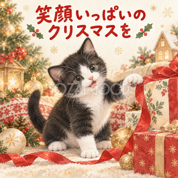 リボンで遊ぶハチワレ猫のクリスマスカード｜そのまま送れる無料イラスト 97958