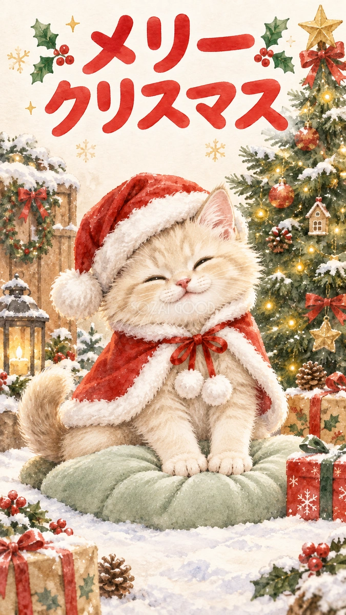 ふみふみするサンタ猫のクリスマスカード|そのまま送れる無料イラスト 97960