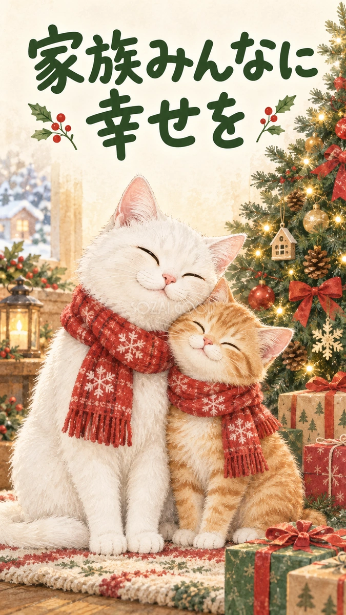 頬を寄せる親子猫のクリスマスカード|そのまま送れる無料イラスト 97962