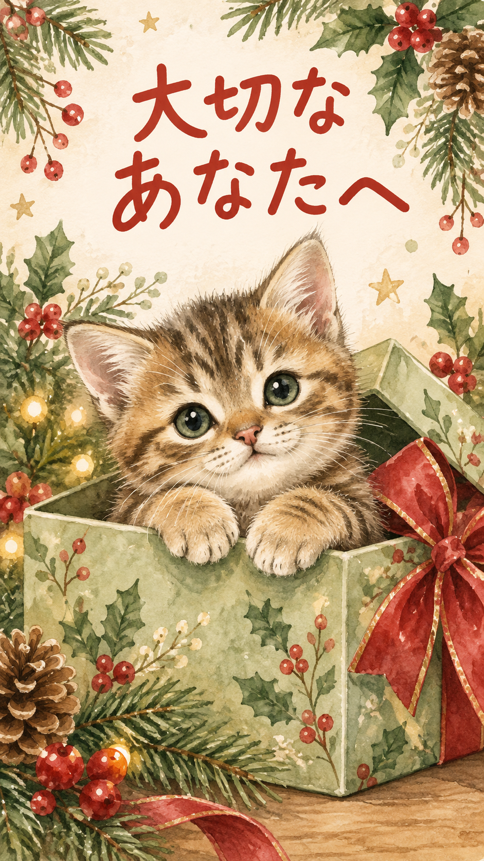 箱からのぞく子猫のクリスマスカード｜そのまま送れる無料イラスト 97963に写真・文字を入れる