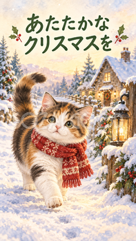 雪道を歩く猫のクリスマスカード｜そのまま送れる無料イラスト 97964