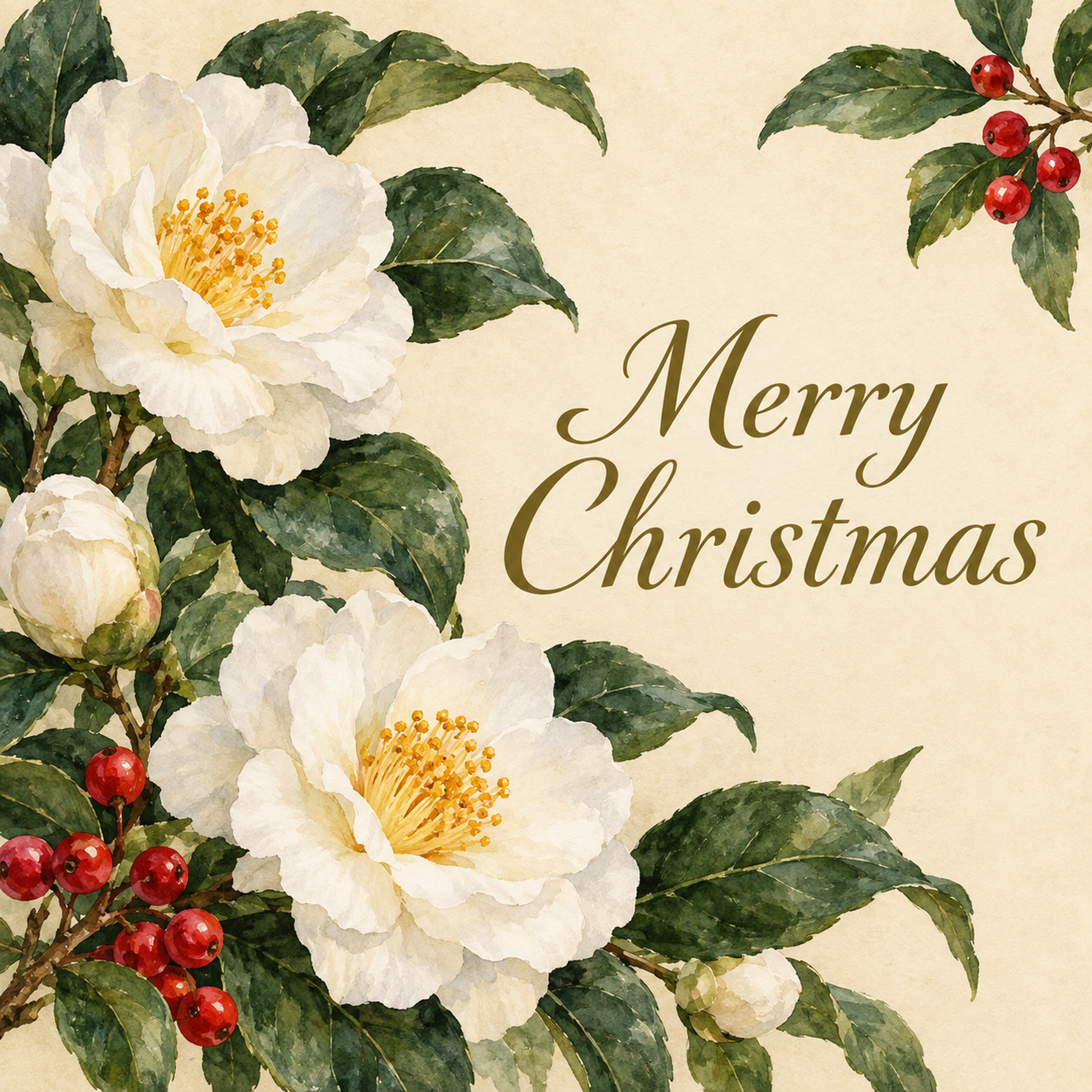 白椿と赤い実のクリスマスカード｜おしゃれな無料イラスト 97970に写真・文字を入れる