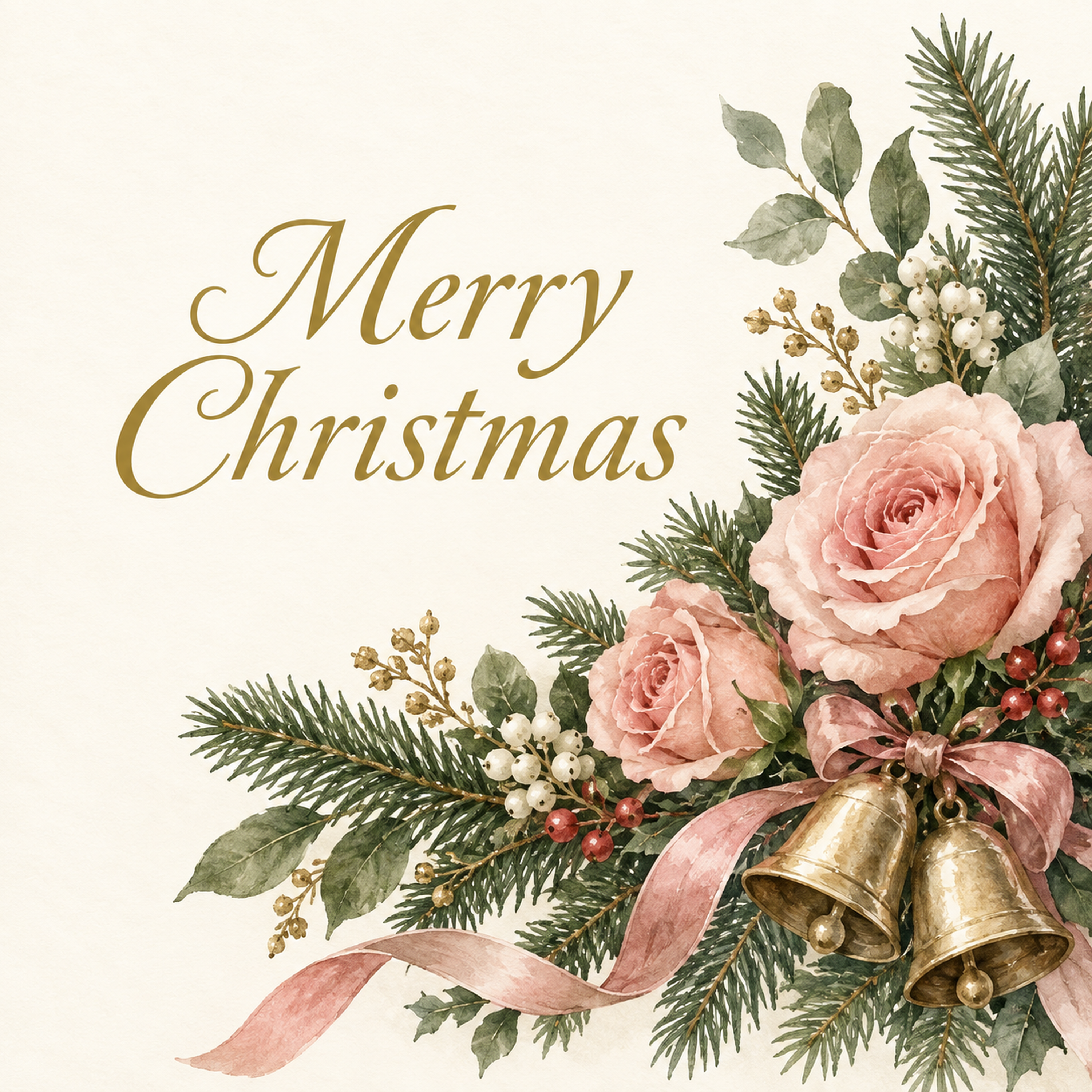ピンクのバラとベルのクリスマスカード｜おしゃれな無料イラスト 97972に写真・文字を入れる