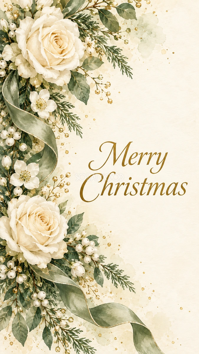 縦長の白花とリボンのクリスマスカード|おしゃれな無料イラスト 97973