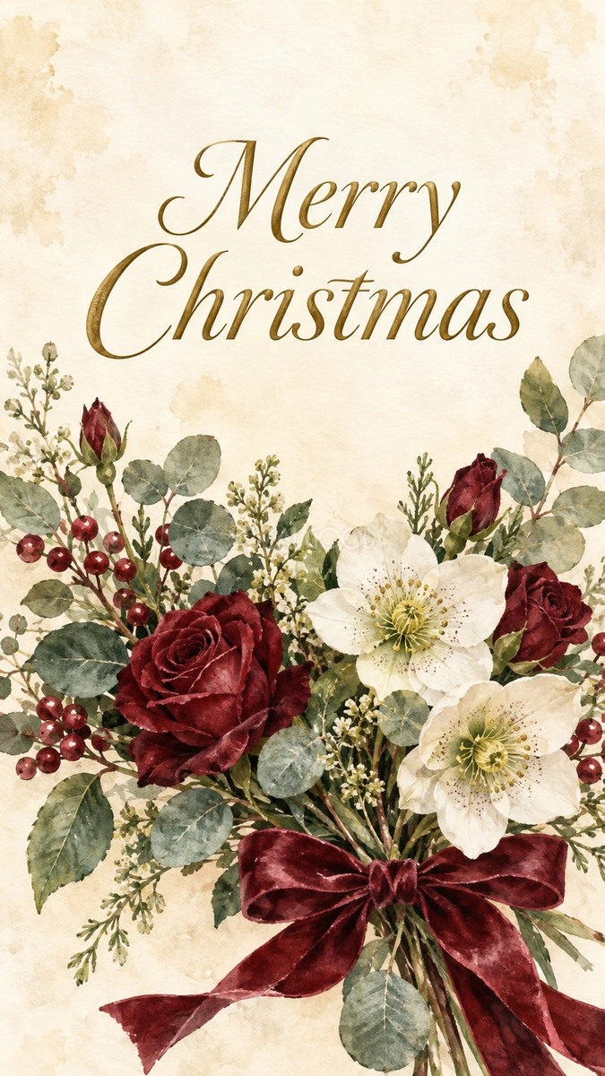 ワインレッドの花束のクリスマスカード|おしゃれな無料イラスト 97975