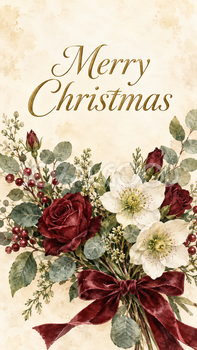 ワインレッドの花束のクリスマスカード｜おしゃれな無料イラスト 97975