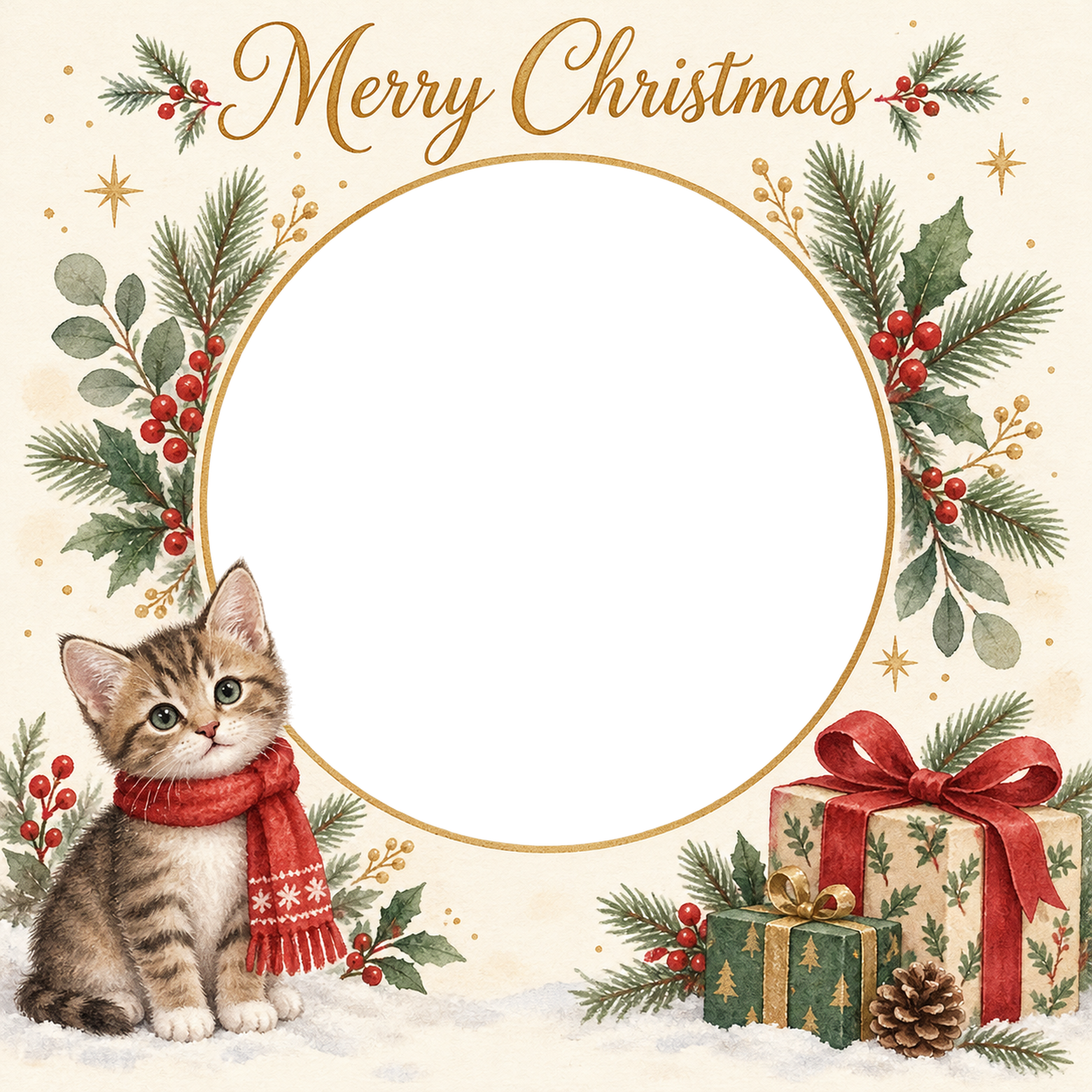 猫と贈り物のクリスマス写真カード｜写真1枚用の無料イラスト 97982に写真・文字を入れる