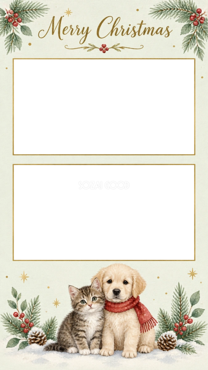 猫と犬のクリスマス写真カード|写真2枚用の無料イラスト 97988