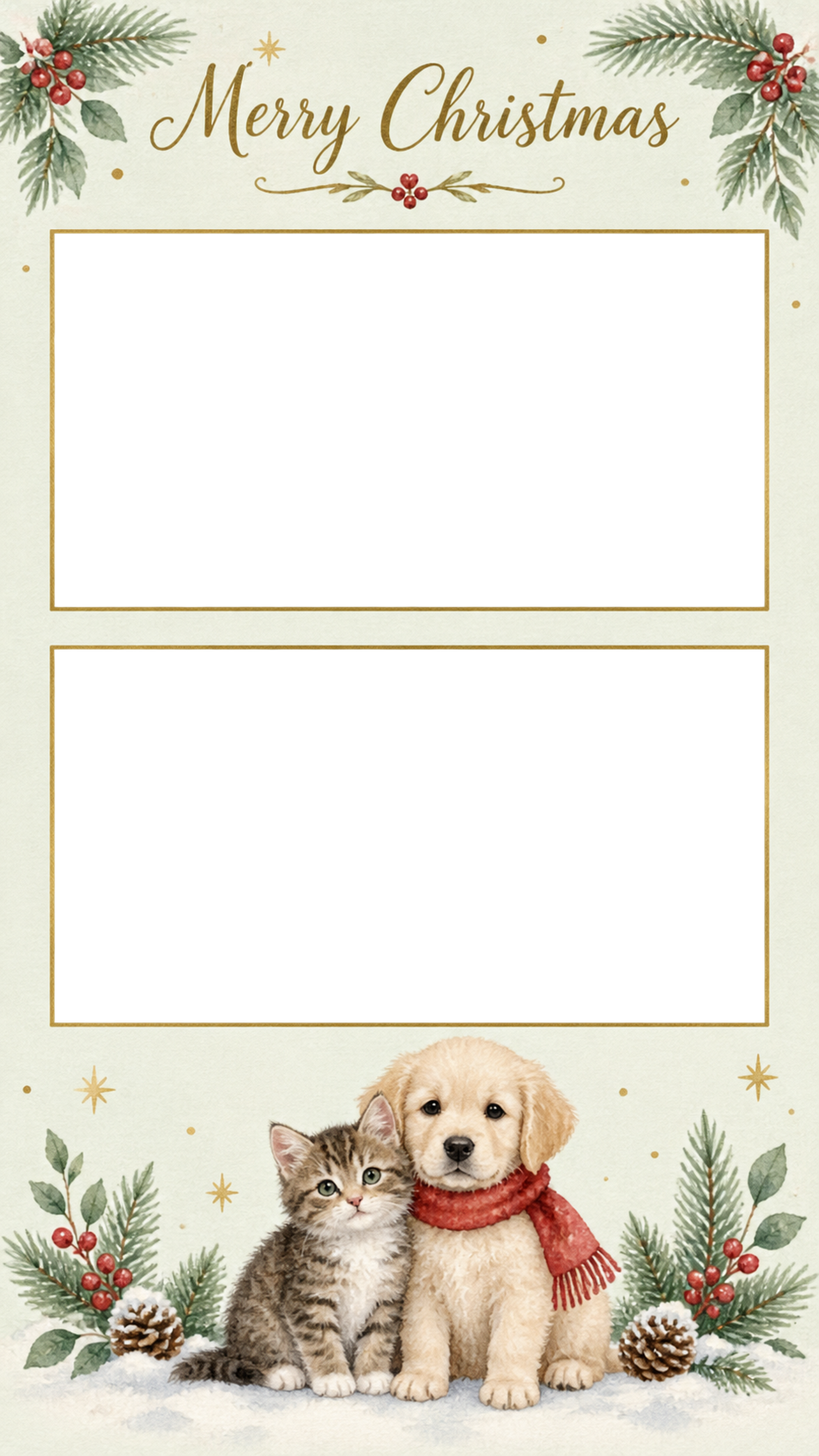 猫と犬のクリスマス写真カード｜写真2枚用の無料イラスト 97988に写真・文字を入れる