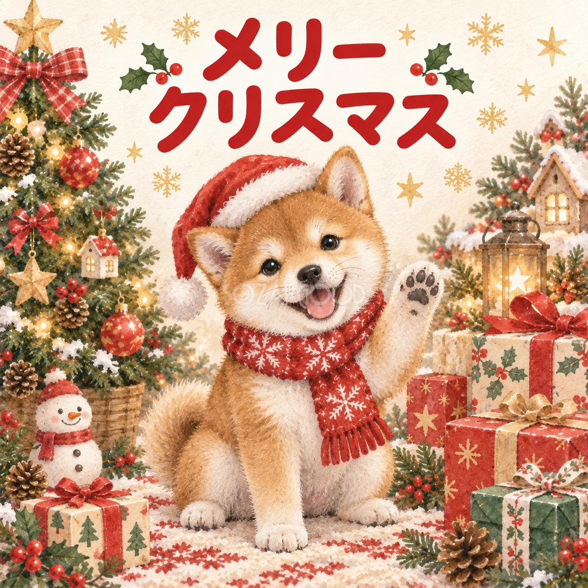 手を振る柴犬のクリスマスカード|そのまま送れる無料イラスト 97993
