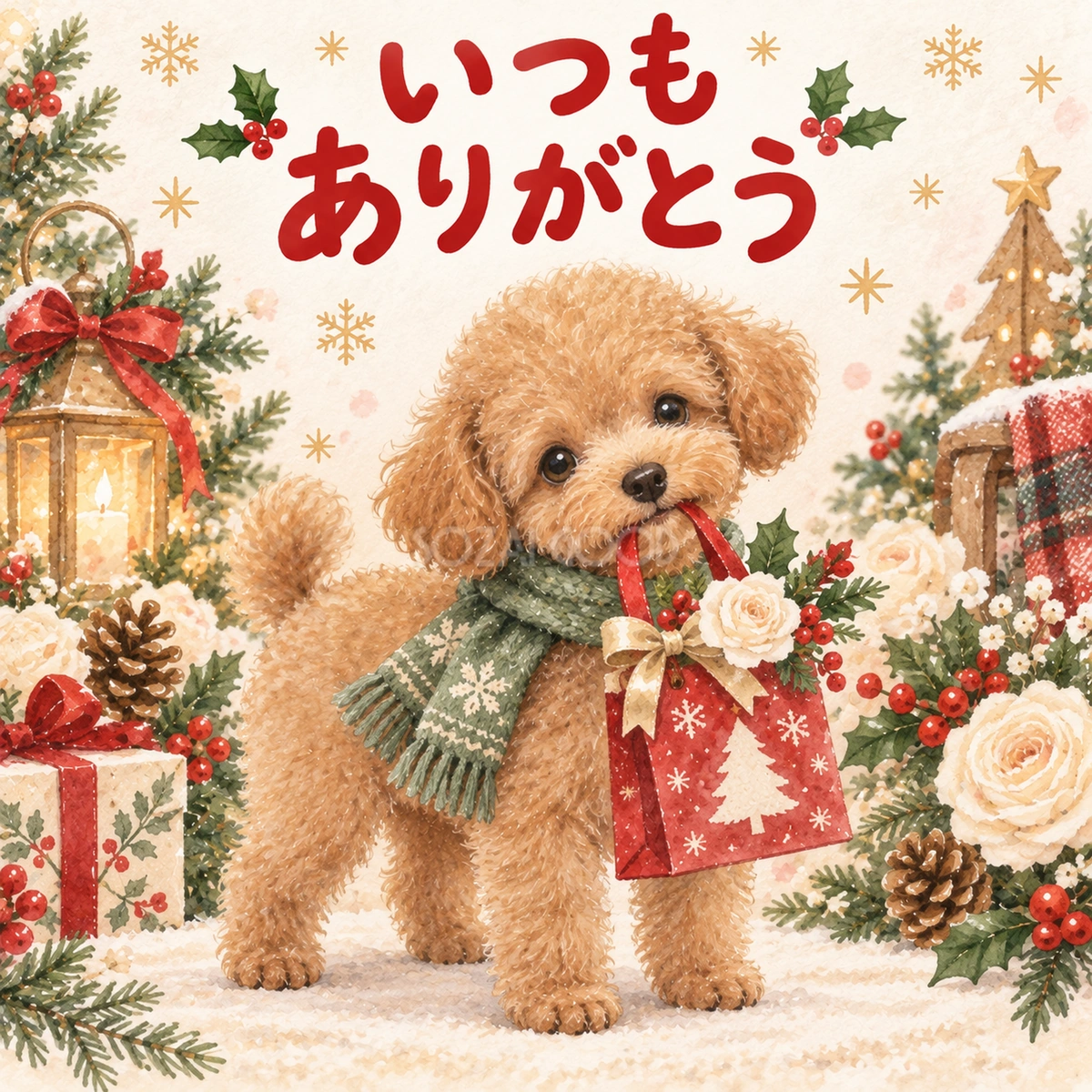 贈り物を届けるトイプードルのクリスマスカード|そのまま送れる無料イラスト 97994