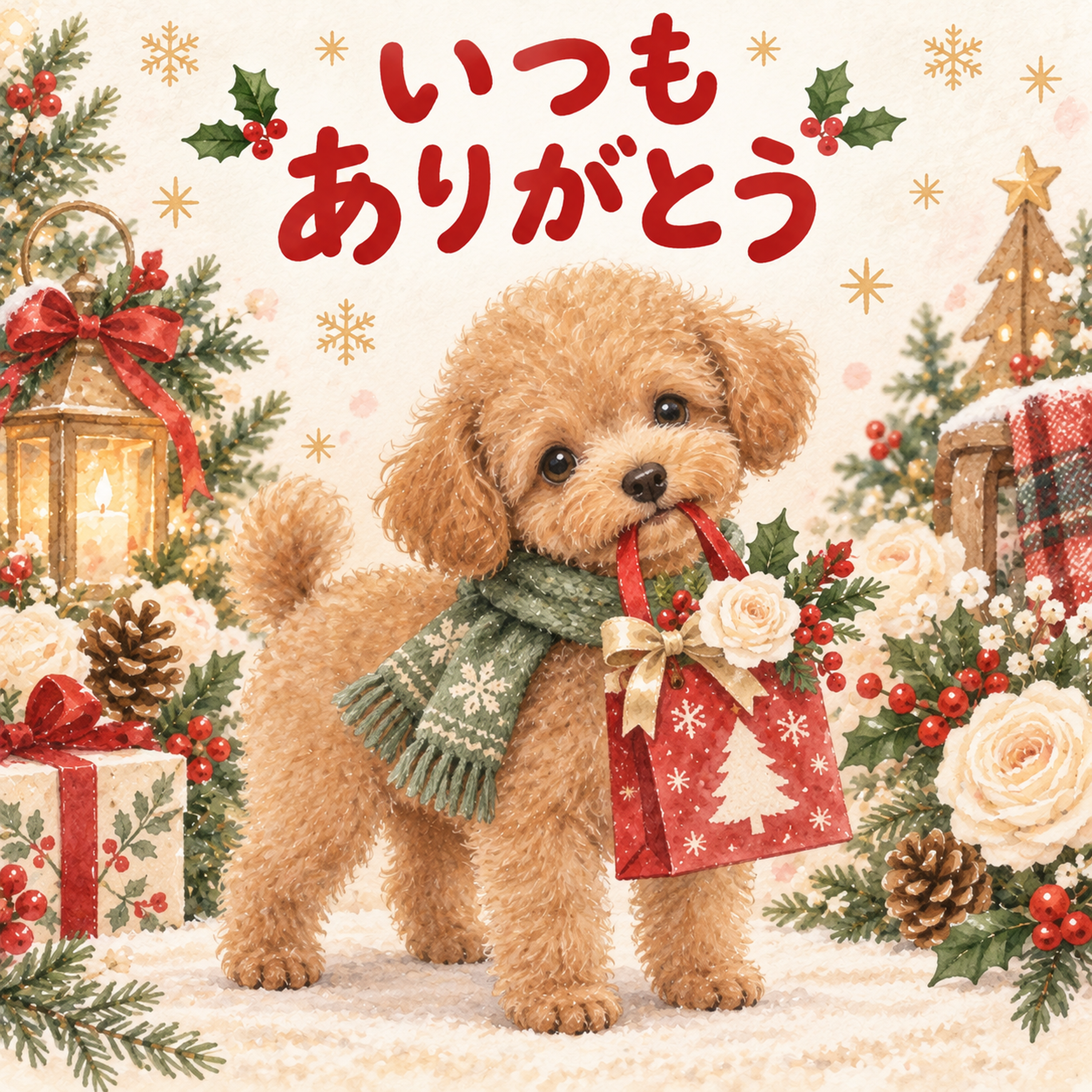 贈り物を届けるトイプードルのクリスマスカード｜そのまま送れる無料イラスト 97994に写真・文字を入れる