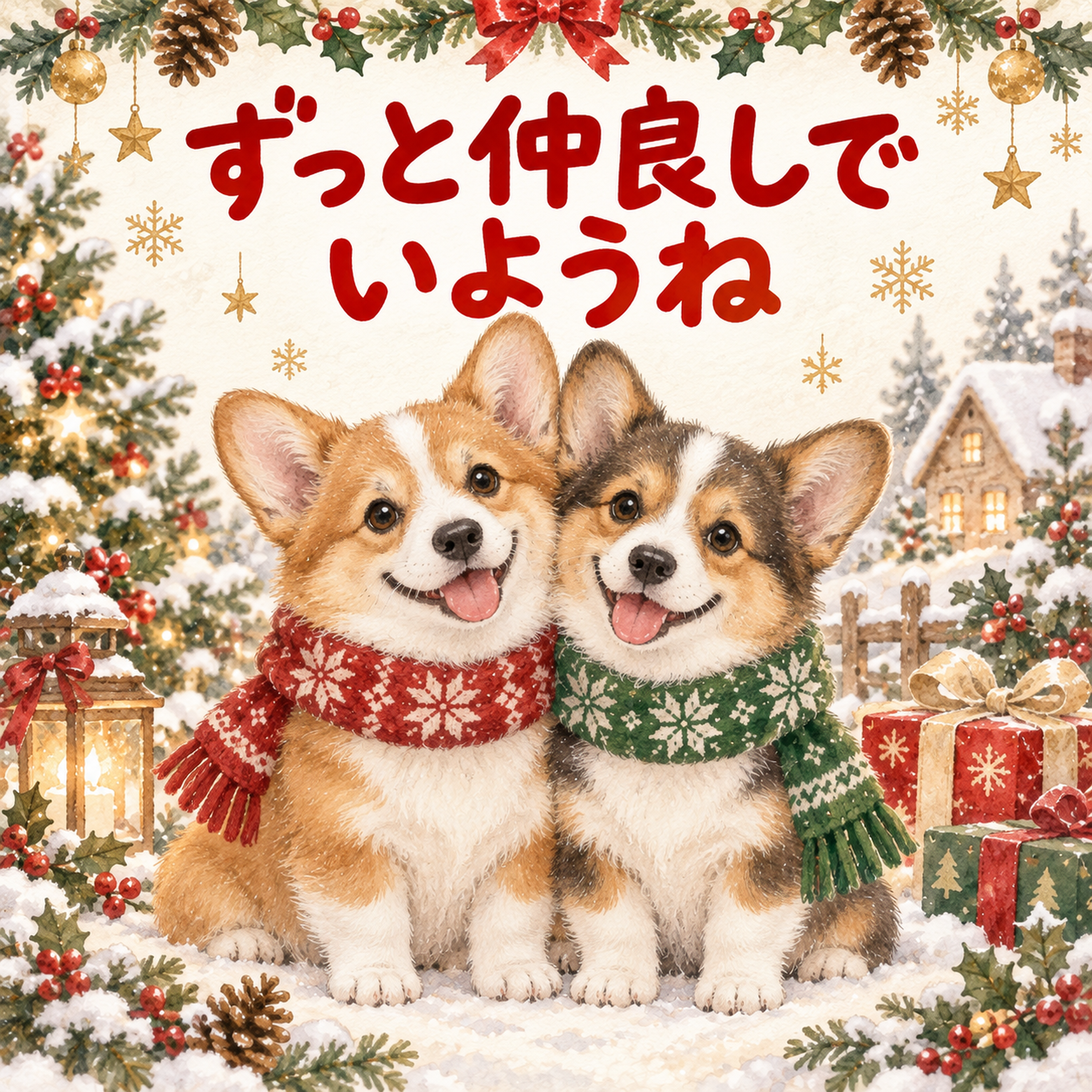 寄り添うコーギーのクリスマスカード｜そのまま送れる無料イラスト 97995に写真・文字を入れる