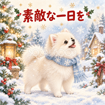 雪を見上げるポメラニアンのクリスマスカード｜そのまま送れる無料イラスト 97996
