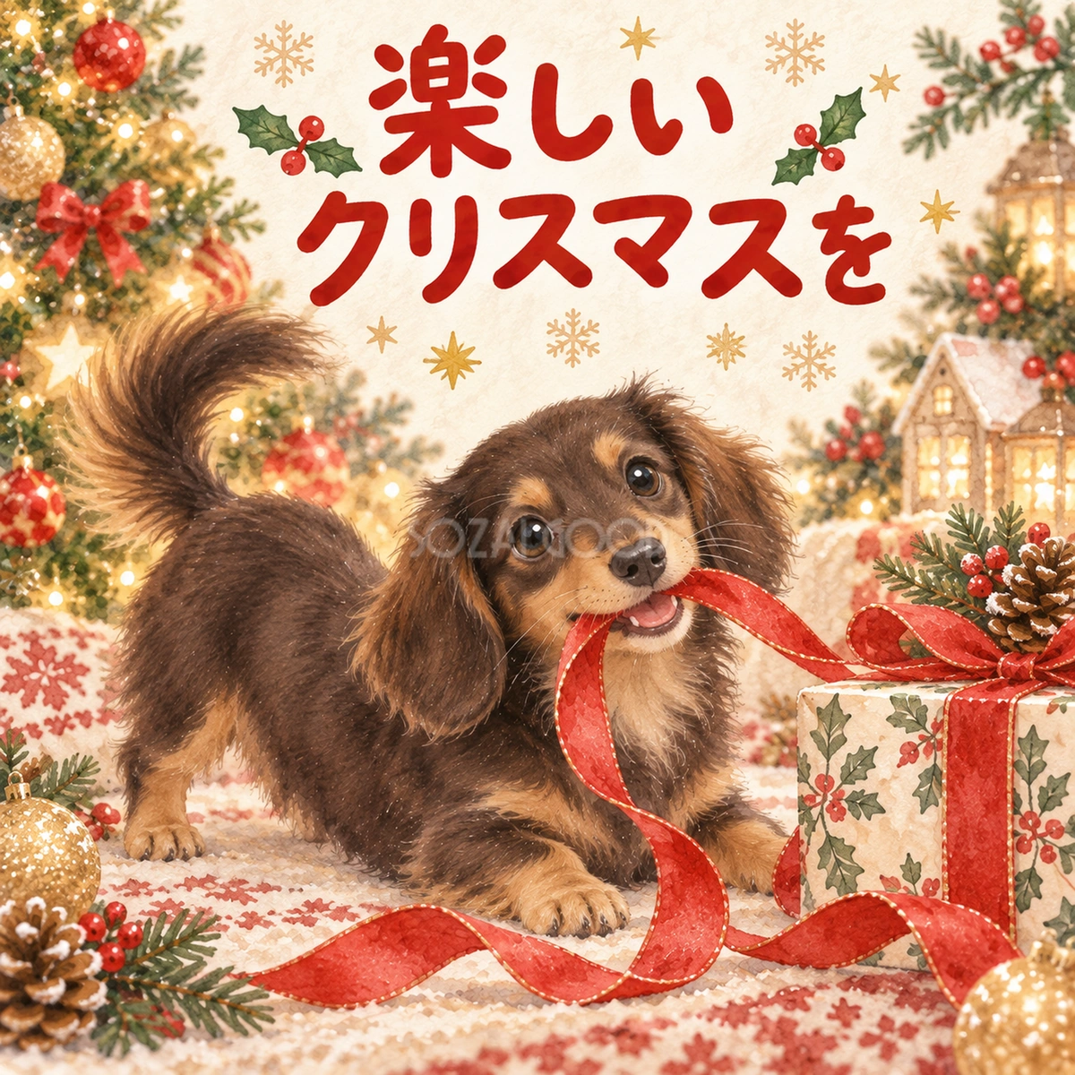 リボンで遊ぶダックスフンドのクリスマスカード|そのまま送れる無料イラスト 97997