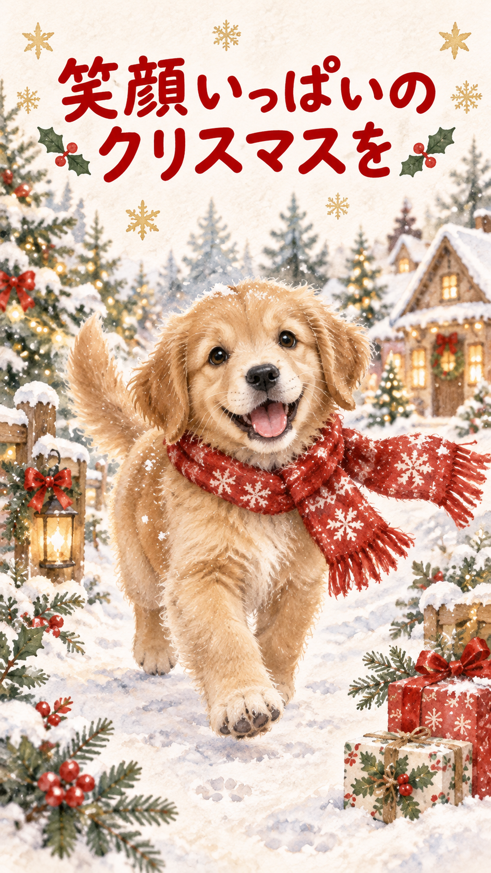 駆け寄るゴールデンレトリバーのクリスマスカード｜そのまま送れる無料イラスト 97999に写真・文字を入れる
