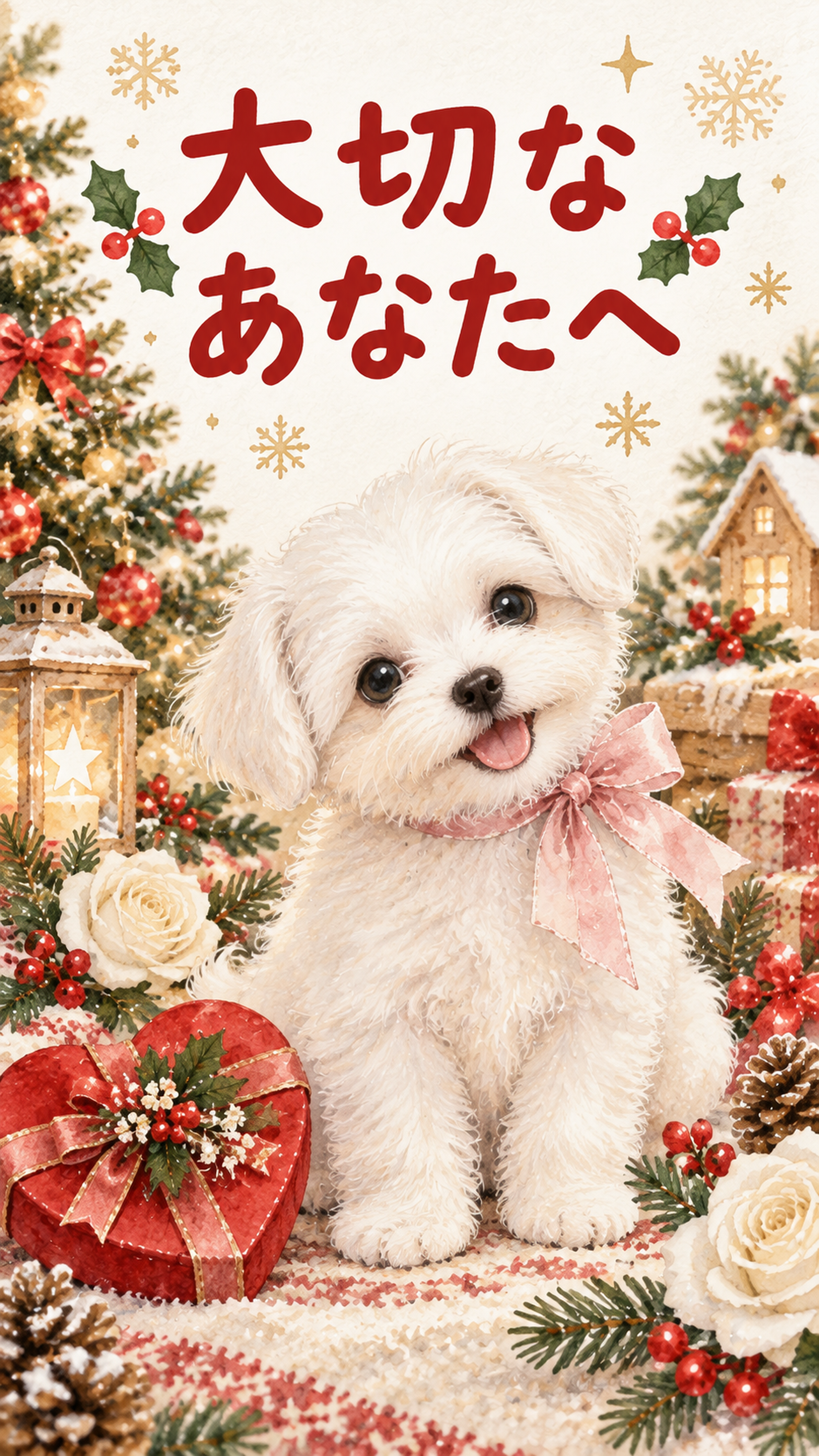 首をかしげるマルチーズのクリスマスカード｜そのまま送れる無料イラスト 98002に写真・文字を入れる