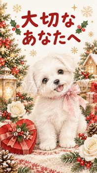 首をかしげるマルチーズのクリスマスカード｜そのまま送れる無料イラスト 98002