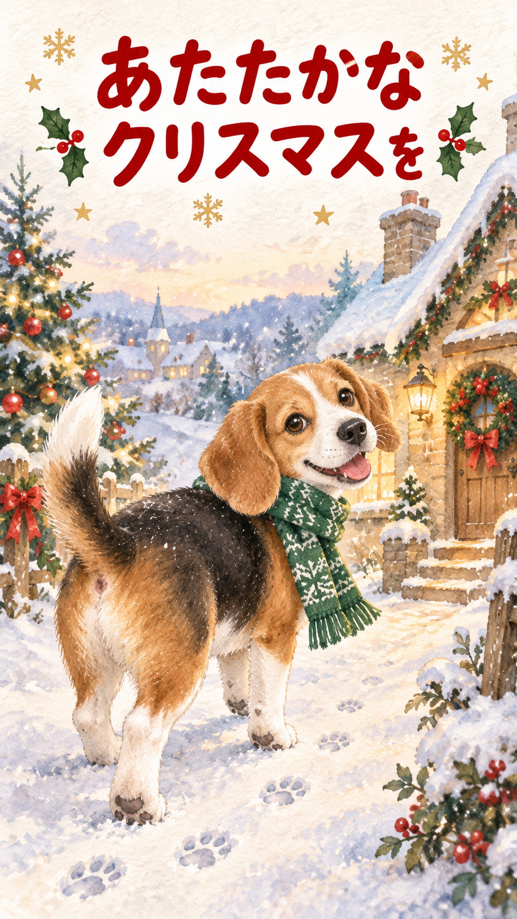 散歩するビーグルのクリスマスカード｜そのまま送れる無料イラスト 98003に写真・文字を入れる